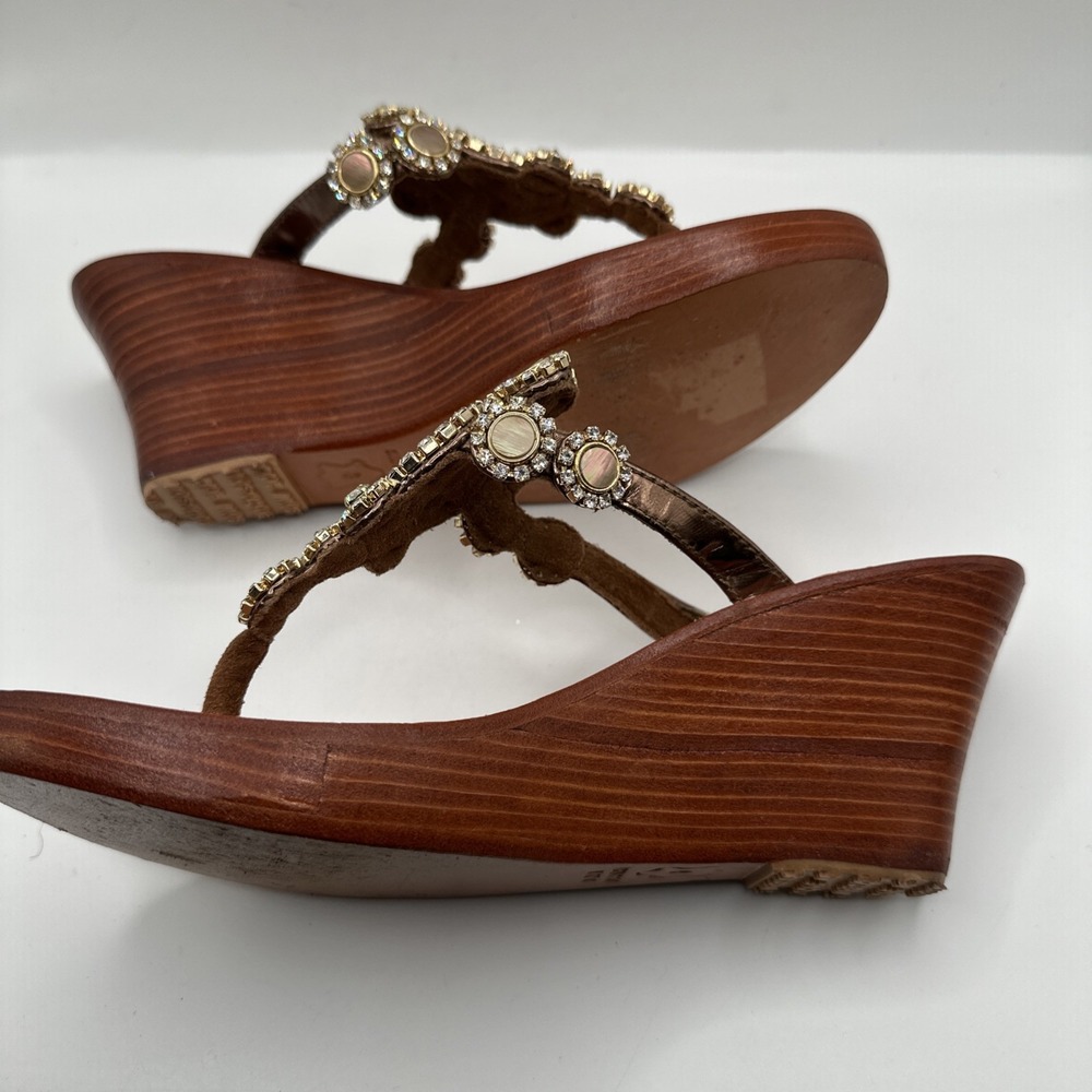 Mystique Brown Leather Jeweled Crystal Stone Embellished Wedge Sandals Sz 8 - Picture 4 of 7